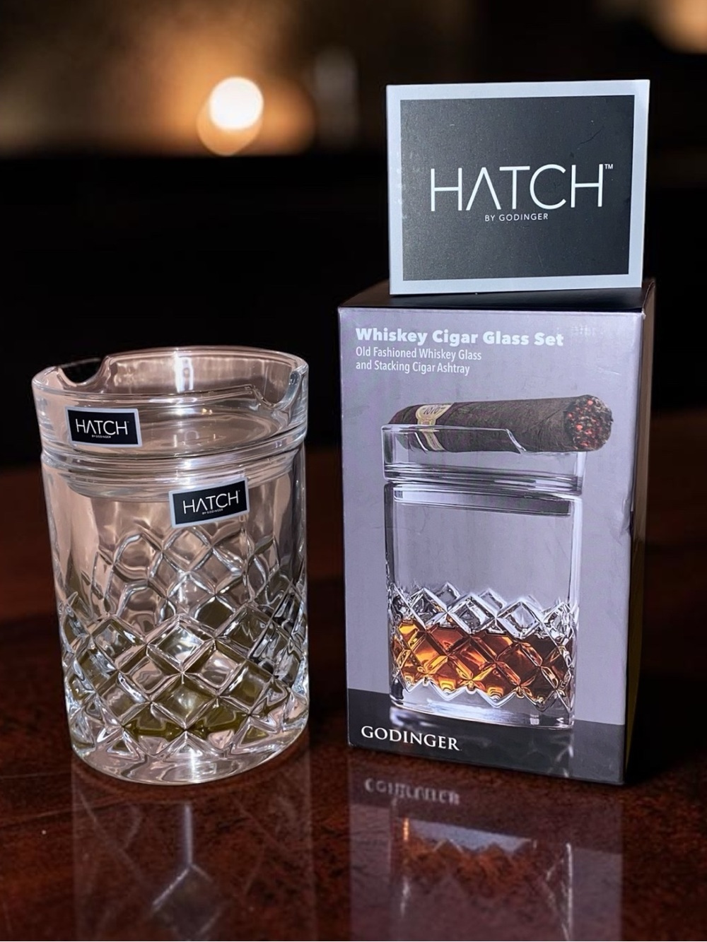 GODINGER “Hatch” Stackable Whiskey Cigar Glass Tumbler/Ashtray Set New in Box